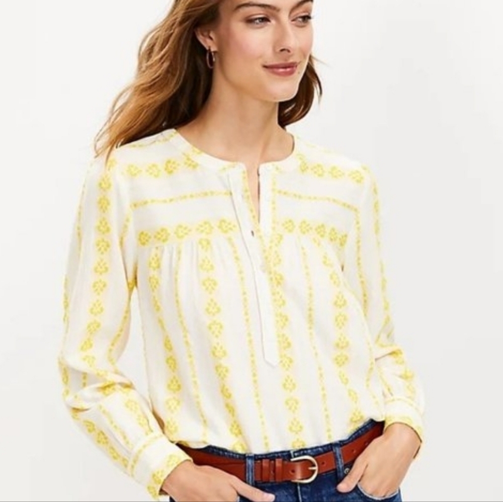 New Loft Yellow Stitched Floral Long Sleeve Tunic Top XL